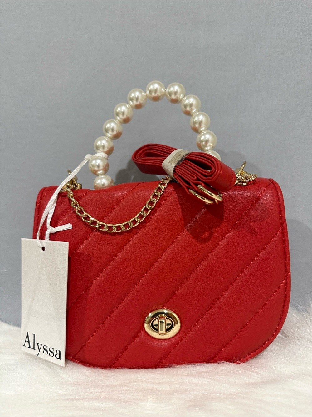 Alyssa Red Quilted Crossbody with Pearl Top Handle NWT’S